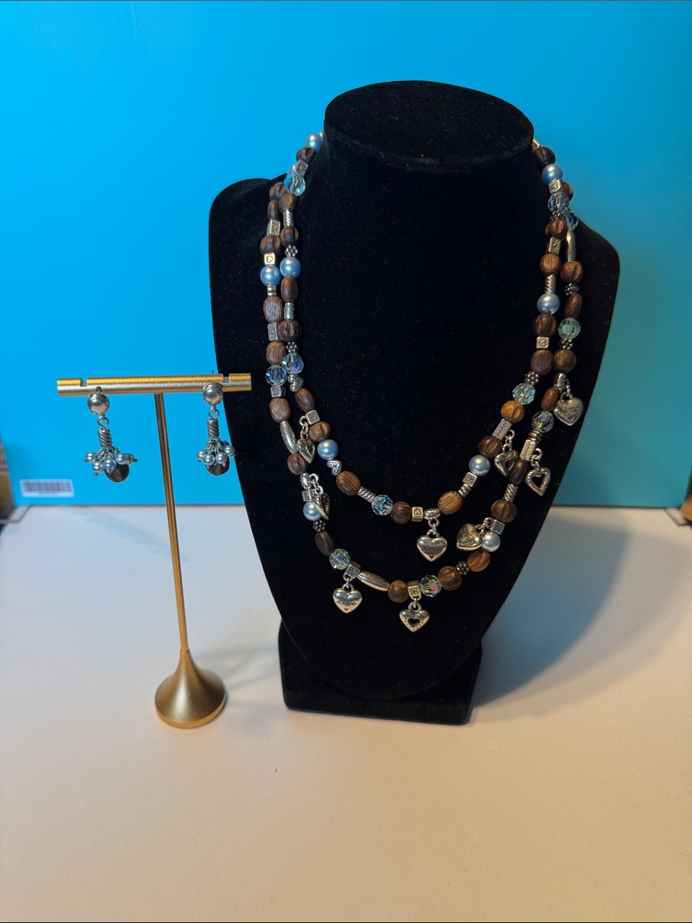 Triple-Strand Brown and Blue Beaded Heart Necklace with Matching Earrings
